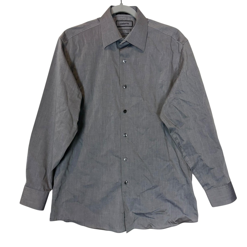 Claiborne Dress Shirt Mens Medium 15.5 32/33 Gray Wrinkle Free Regular Fit